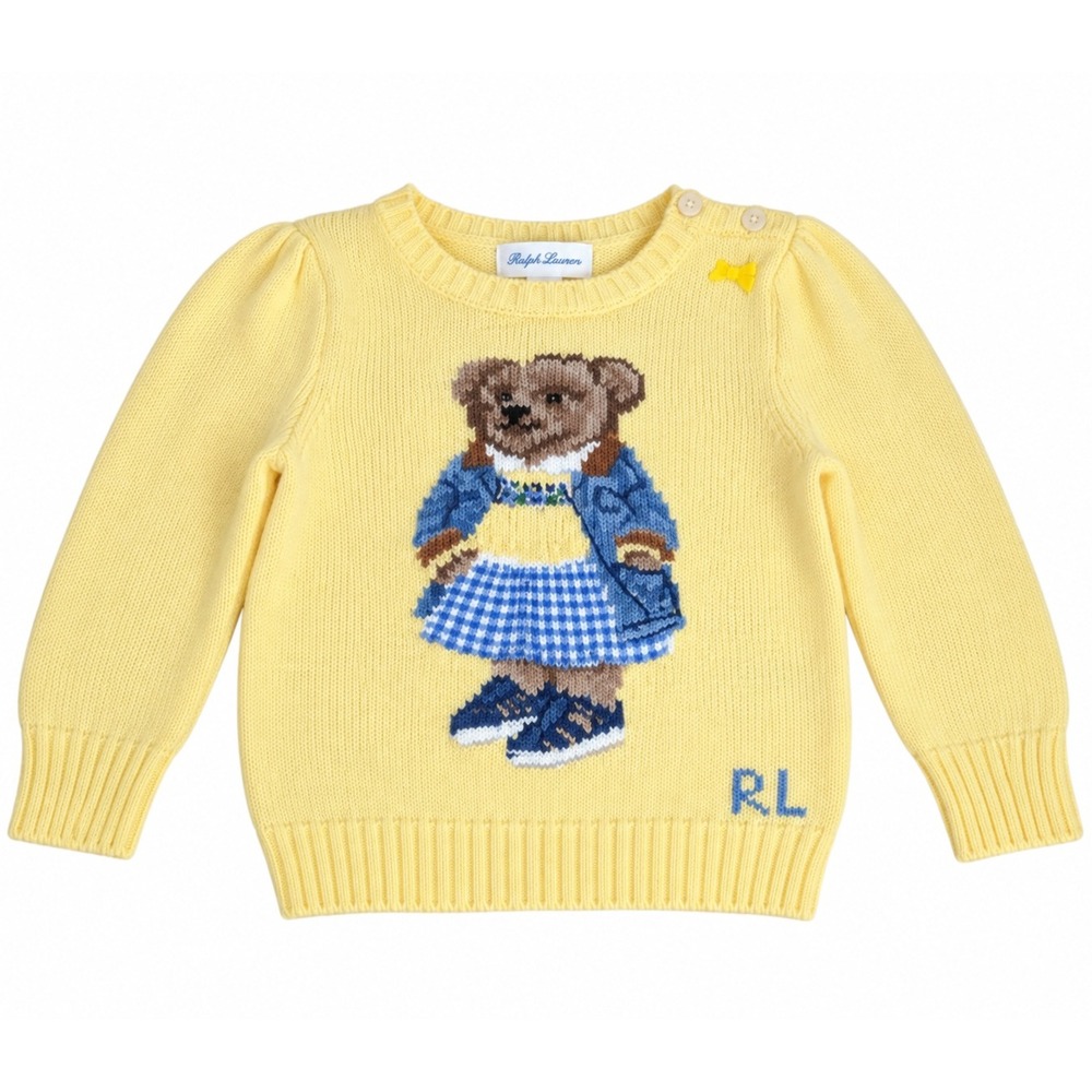 Ralph Lauren Polo Bear Sweater Girl 24M Yellow Cotton Cashmere Puff Sleeve